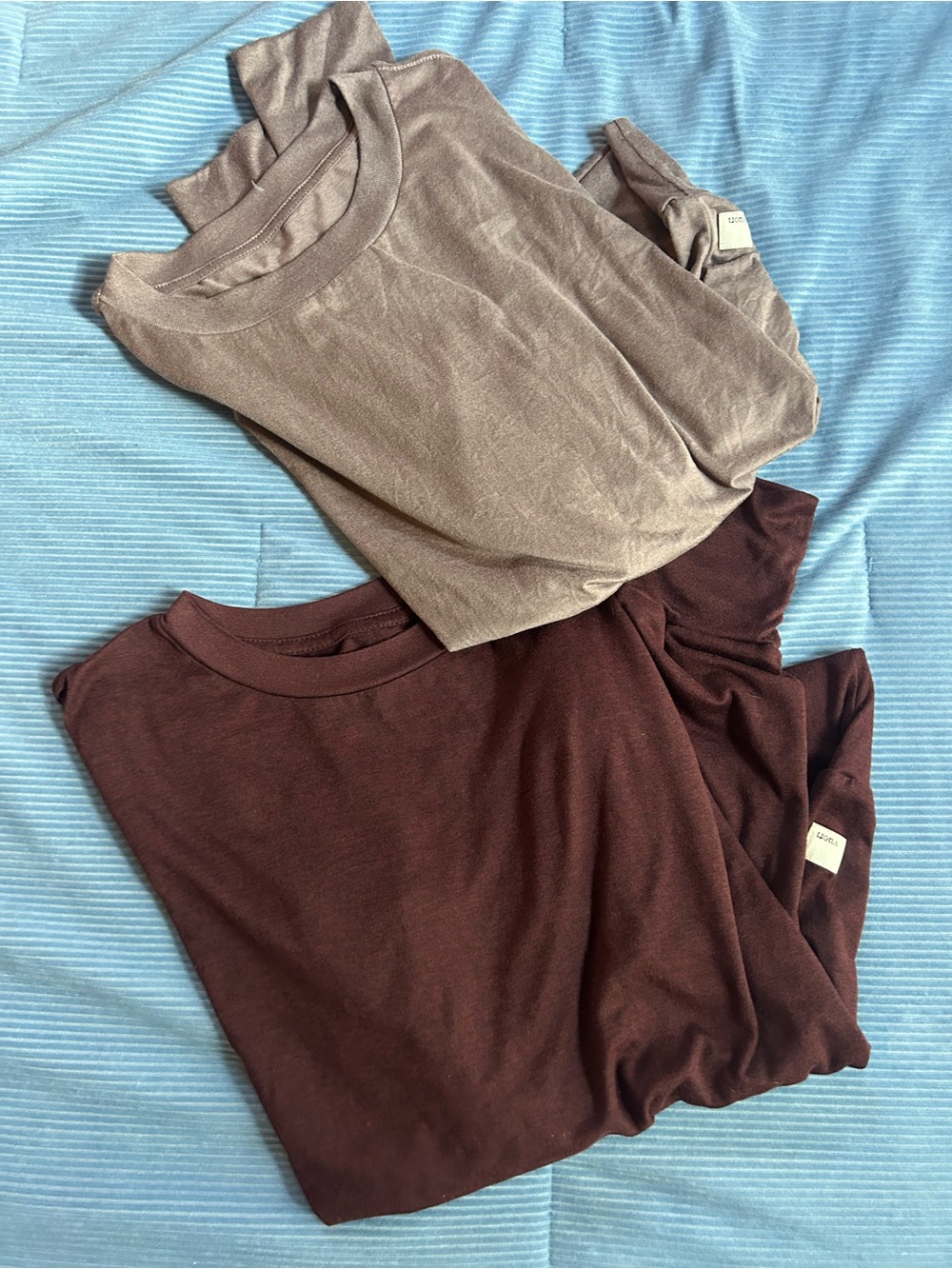 2 Vuori women’s long sleeve Crewneck Tees — Taupe/mauve and Deep Burgundy S/M